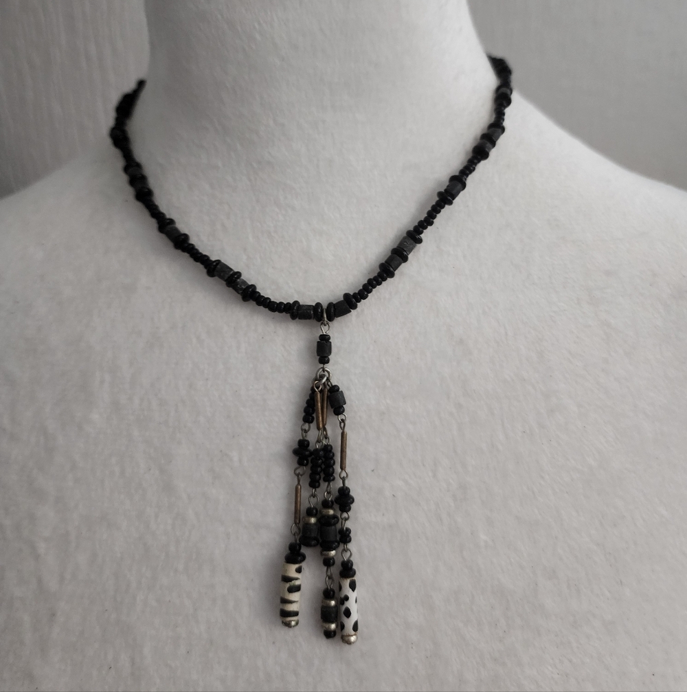 Boho Black and White Seed Beaded Lariat Necklace